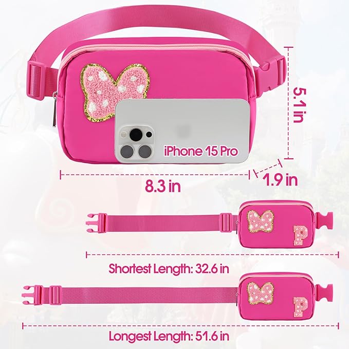 Chenille Initial Letter Bow Mouse Fanny Pack, Waterproof Park Crossbody Bag Christmas Birthday Gifts for Teen Girls Daughter Women Kids Adults, Cute Belt Bag Must Haves for Park Travel (P, Rose Red)