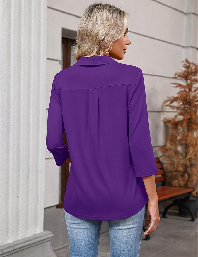 LOMON 3/4 Length Sleeve Womens Tops 2026 Spring Summer Collared Polo Shirts V Neck Casual Basic Polos Tees Shirt