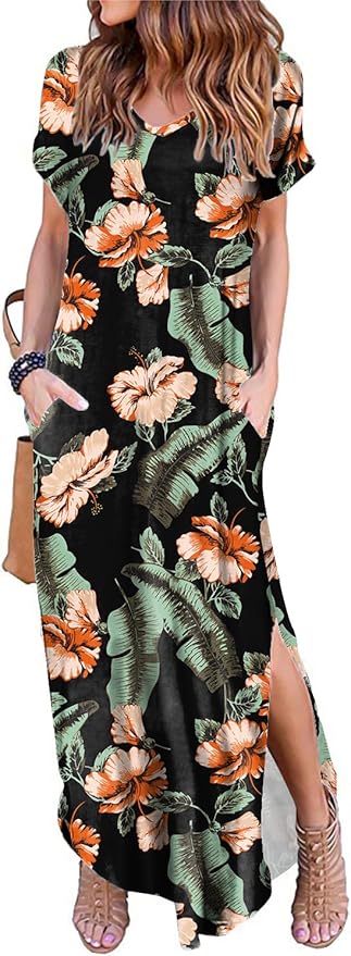 Arolina Women's Summer Maxi Dress Short Sleeve V Neck Casual Loose Long Beach Split Dresses with Pockets
