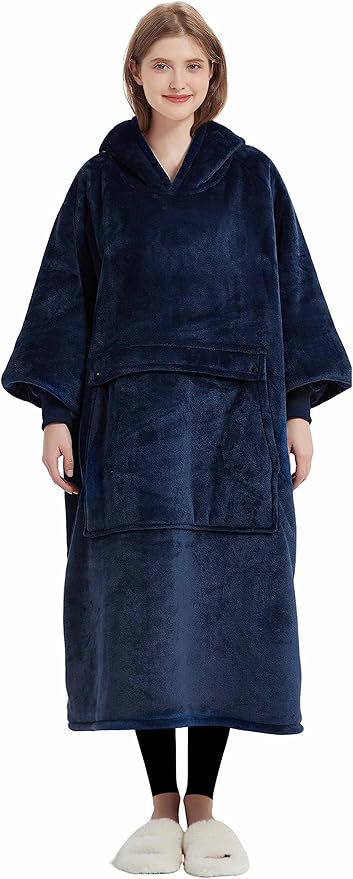 KFUBUO Wearable Blanket Hoodie for Adult Long Sherpa Oversized Hoodie Sweatshirt Blanket Birthday Gifts for Women Navy
