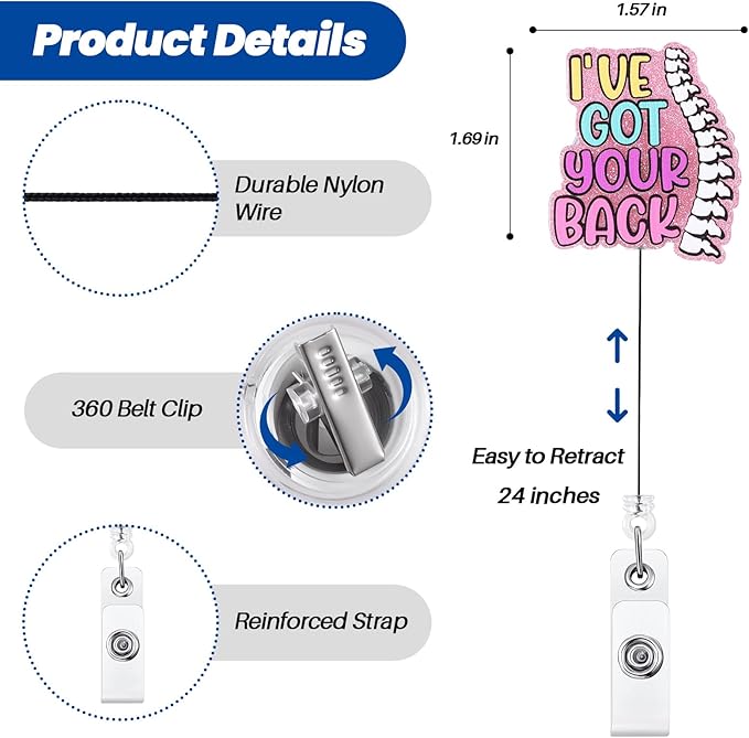 Funny Scrubs Badge Reel, Cute Chiropractor Work Badge Holder Retractable Clip, I've Got Your Back Fun RN Badge Buddy, LPN CNA MA Medical Worker Physical Therapy Nurse Doctor ID Name Badge Accessories