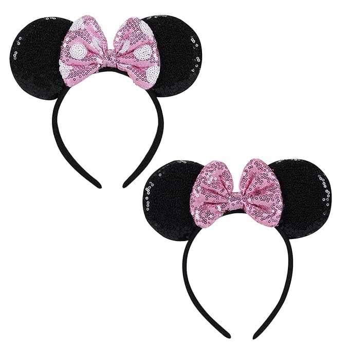 Twineek 2 Pcs Pink Mouse Ears Sequin Headbands,Shiny Bows Headbands, A Perfect Addition to Your Trip Essentials Accessories for Women Grils Princess Decoration Costume Cosplay