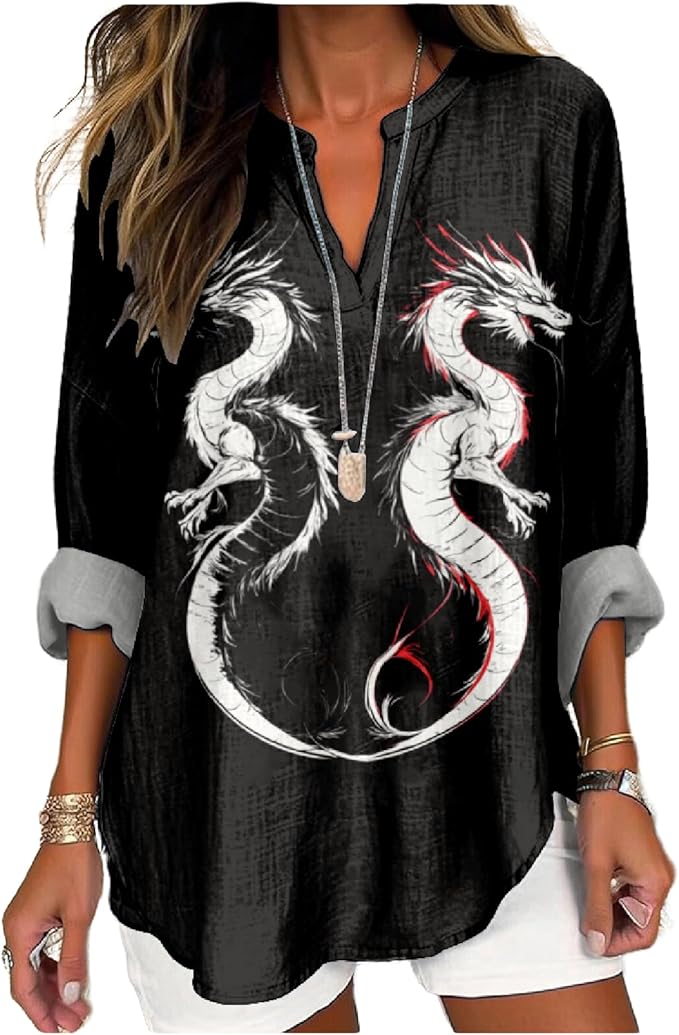 MARSVOVO V Neck Shirt For Women Boho Multi Style Blouse Long Sleeve Novelty Graphic Plus Size Pullover Tops For Women