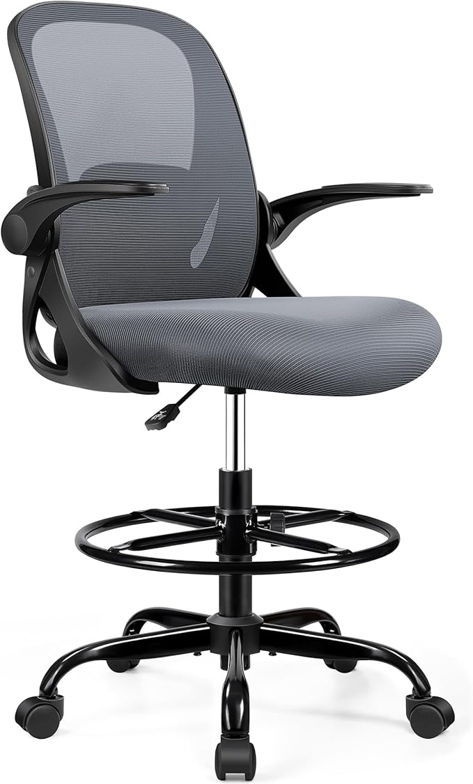 Drafting Chair Tall Office Chair with Flip-up Armrests, Adjustable Height, Enhanced Lumbar Support Ergonomic Rolling Stool, Back Support, Adjustable Foot Rest Ring for Standing Desk Dark Gray