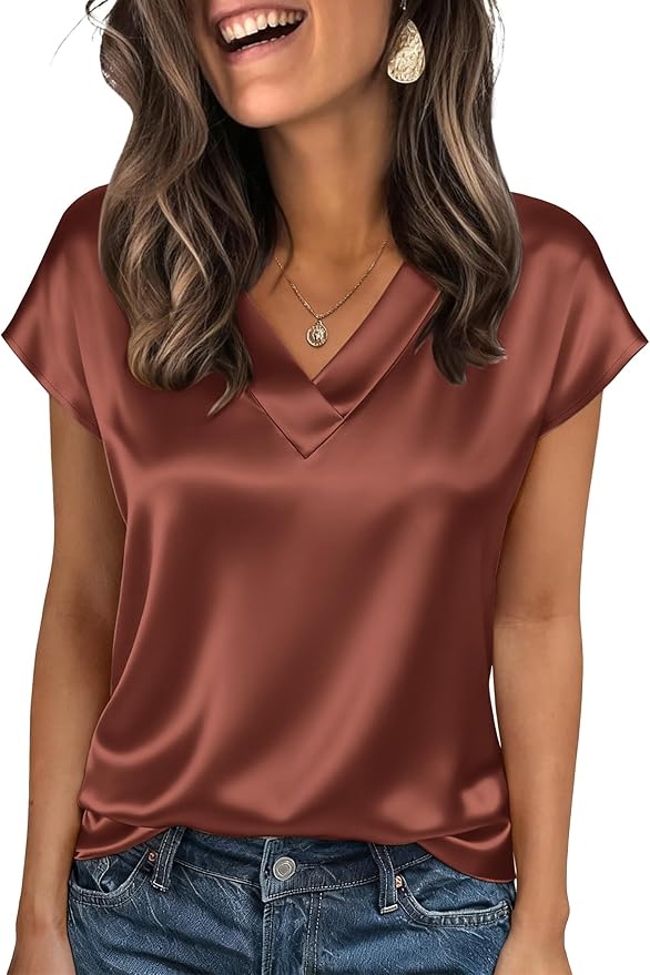 Zeagoo Women Silk Satin Tops Cap Short Sleeve Blouse V Neck Shirts Business Casual Outfits S-2XL