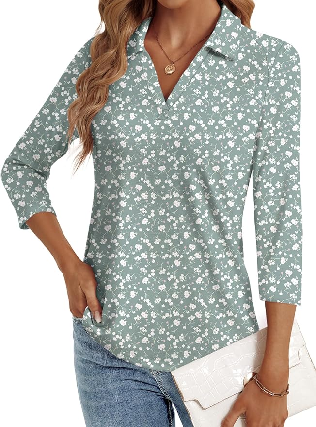 3/4 Length Sleeve Womens Tops Dressy Casual V Neck Polo Shirts Business Work Blouses 2025 Trendy Tunic Top