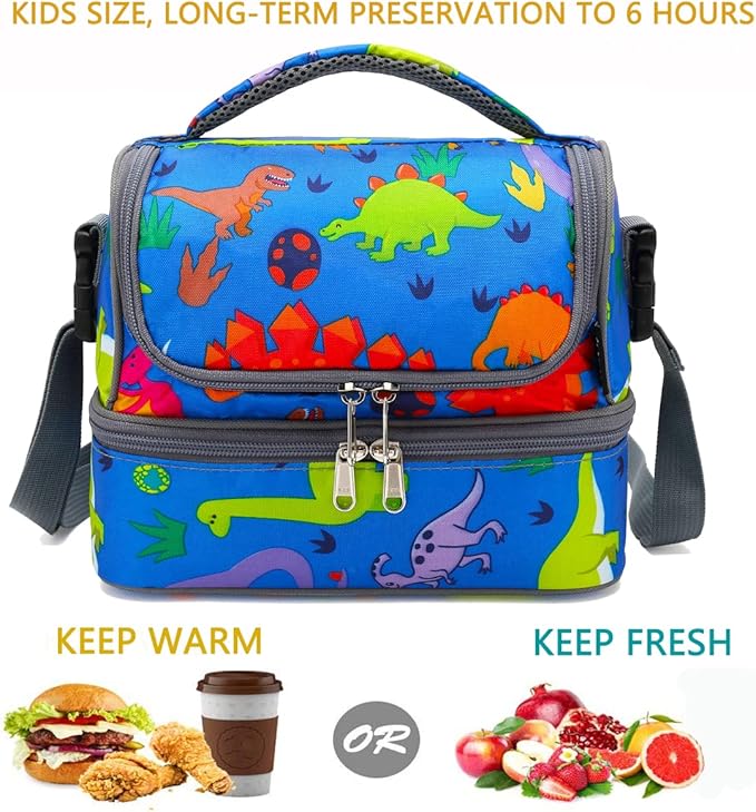 FlowFly Kids Double Decker Cooler Insulated Lunch Bag Large Tote for Boys, Girls, Men, Women, With Adjustable Strap, Dinosaur