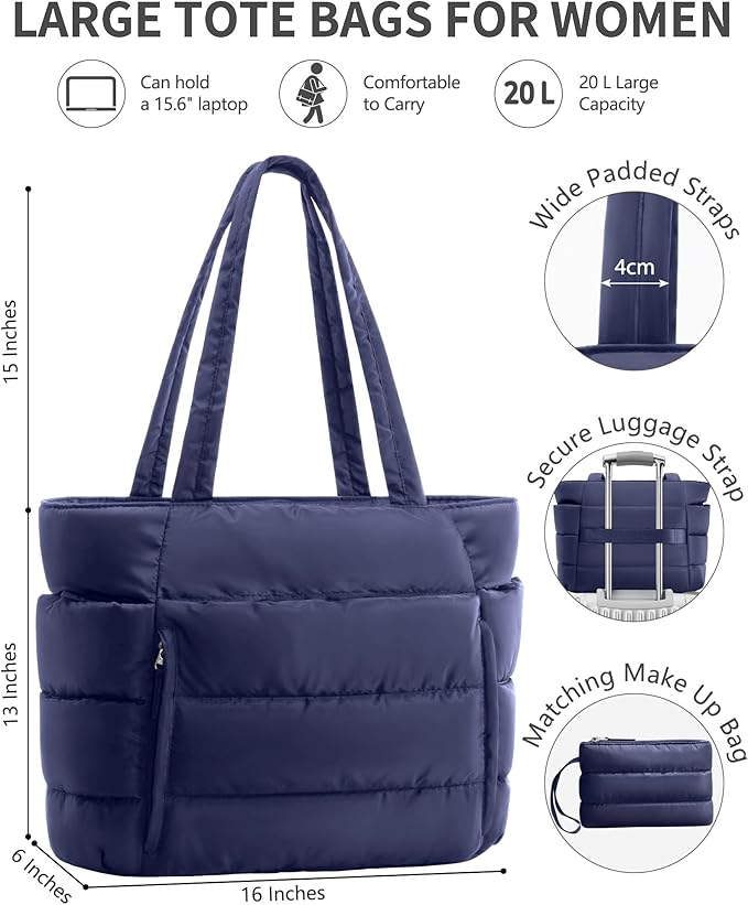 Puffer Tote Bag for Women, Lightweight Puffy Work Handbag Teacher Nurse Quilted Shoulder Bag for School Travel Gym | Quilted, with Zipper, Daily Carry On Bags, Comfy College Bags, 15.6" Laptop Sleeve, Cup Holder Pocket, Portable, Spacious