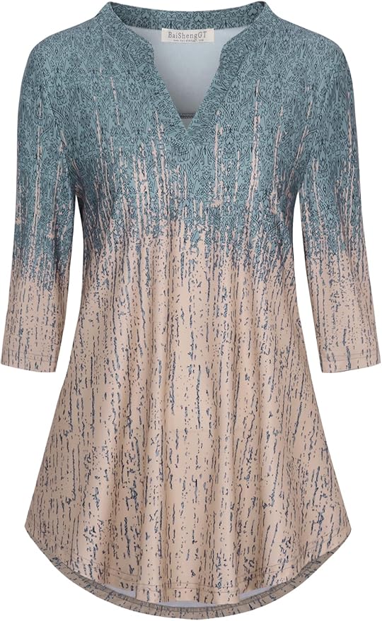 BAISHENGGT 3/4 Sleeve Tops for Women Notch V Neck Floral Work Blouses Dressy Casual Loose Fit Going Out Tunic Tops