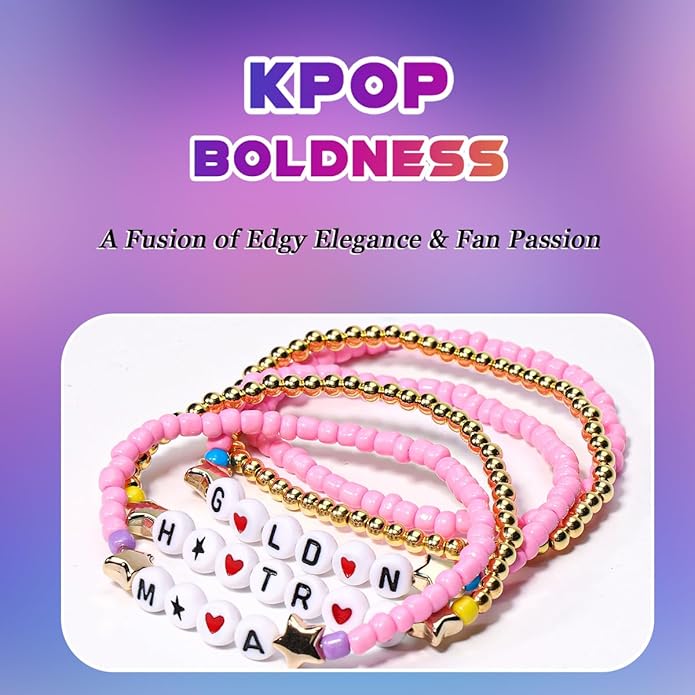 AICase for Korea-Pop Merch Gifts Toys Golden Inspired Bracelets 5 Pcs Stackable Stretch Flower Beaded Bracelets Costume Outfit Merchandise Jewelry Gifts for Fans Christmas Stocking_3110