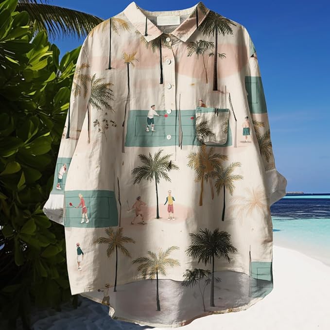 Womens Boho Tops 3/4 Long Sleeve Floral Blouses Hawaii Beach Button Down Shirts V Neck Pullover Casual Tunics