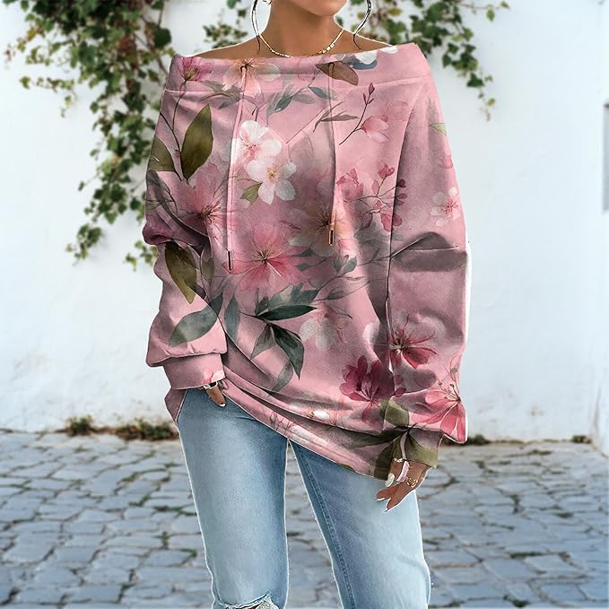 Womens Sweatshirts Floral Print Sexy Off The Shoulder T Shirts Oversized Long Sleeve Pullover Fall Tops