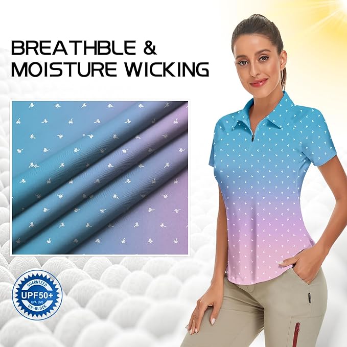 Women's Golf Shirt Short Sleeve Tennis Shirt Quarter Zip Golf Pullover Golf Polo Shirts Argyle Tops