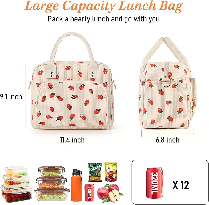 Lunch Bag Large Insulated Lunch Box for Women Adult Cute Beige Strawberry Lunchbox Corduroy Lunch Bags Boxes Pail with Shoulder Strap for Work Mom Picnic Office Travel 11.4×6.8×9.1 inches 11.5L