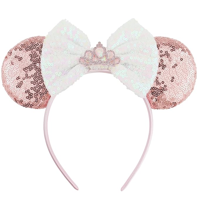 LIHELEI Mouse Ears Headband for Princess, Salmon Pink Sequin Mouse Ears for Princess Birthday Party Halloween Costume, Shiny Park Ears for Adult - Salmon headband