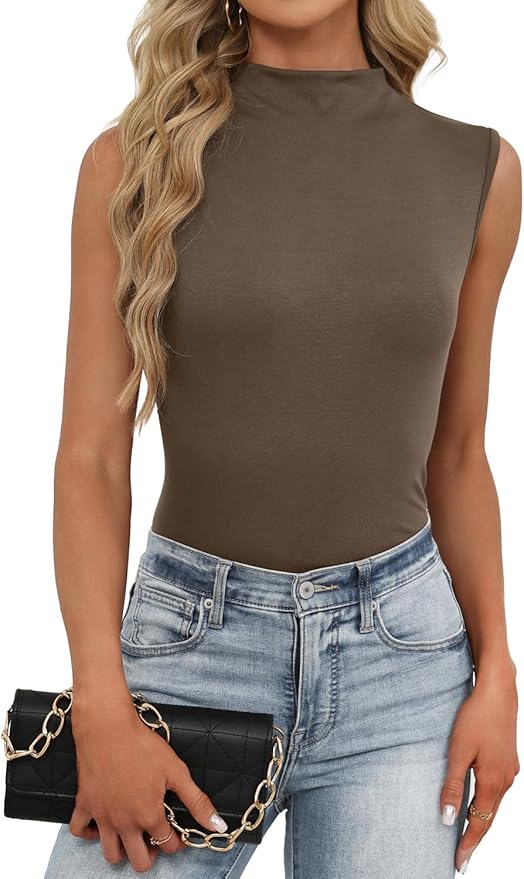 JUSTFASHIONNOW Womens Sleeveless Mock Turtleneck Tank Tops Stretchy Fitted Basic Casual Layer Shirts