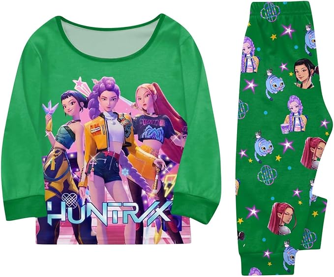 Girls 2 Piece K Pop Singer Outfits Cute Cartoon Graphic Shirts and Pants Casual Tracksuit Fashion Clothing Sets
