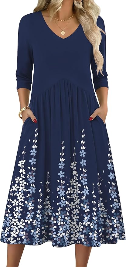 ZEAGOO 3/4 Sleeve Women's Dress Casual Flowy A-Line Midi Tshirt Dresses with Pocket Empire Waist Summer Boho Beach Sundress
