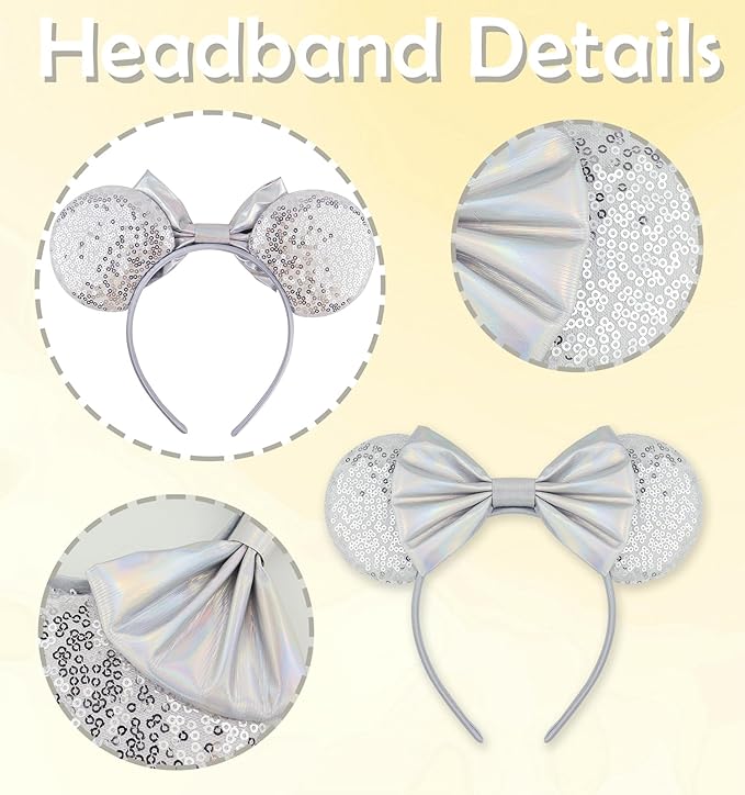 LIHELEI Mouse Ears Headband for Princess, Silver Headbands for Halloween Costume, Sequin Bows Headwear Hair Accessories -Light Blue