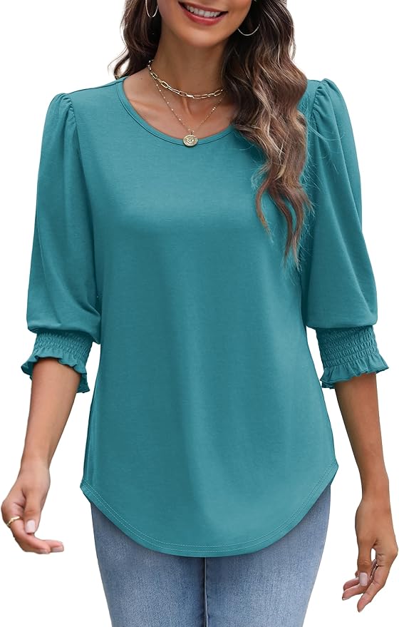 XIEERDUO Blouses for Women Dressy Casual 3/4 Length Sleeve Womens Tops with Smocked Cuffs