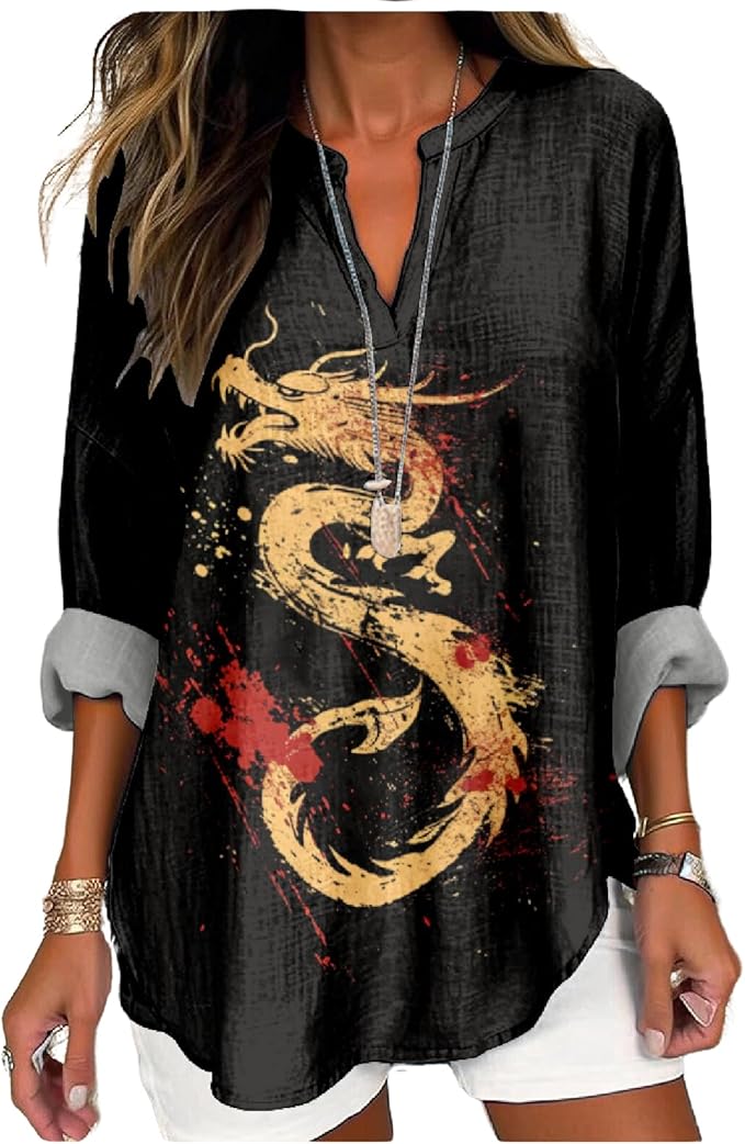 MARSVOVO V Neck Shirt For Women Boho Multi Style Blouse Long Sleeve Novelty Graphic Plus Size Pullover Tops For Women