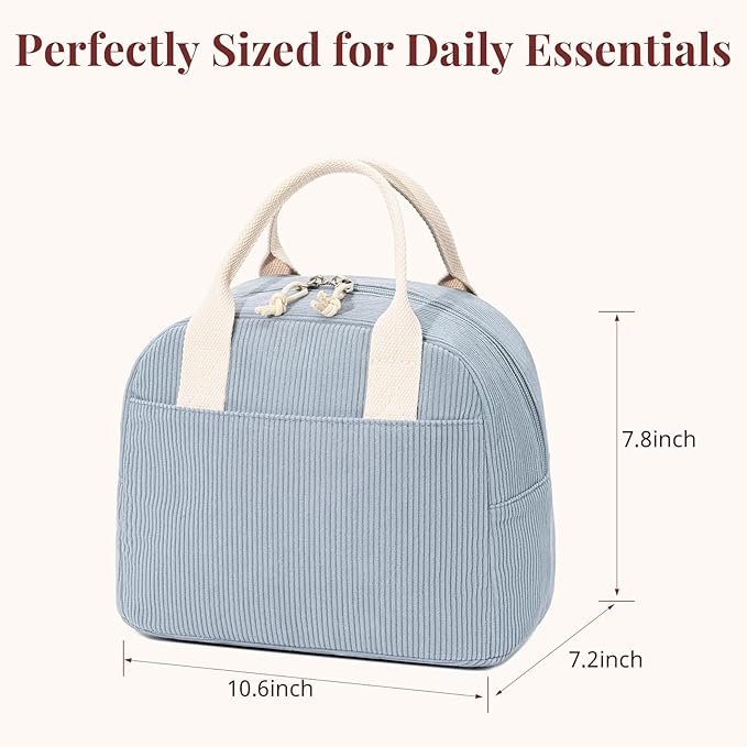 Insulated Lunch Bag for Women Men, Stylish Corduroy Tote Bag with Aluminum Lining, Large Capacity Reusable Cooler for Work, Travel, or Beach, Dusty Blue Lunch Box