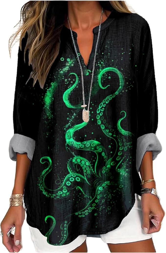 MARSVOVO V Neck Shirt For Women Boho Multi Style Blouse Long Sleeve Novelty Graphic Plus Size Pullover Tops For Women