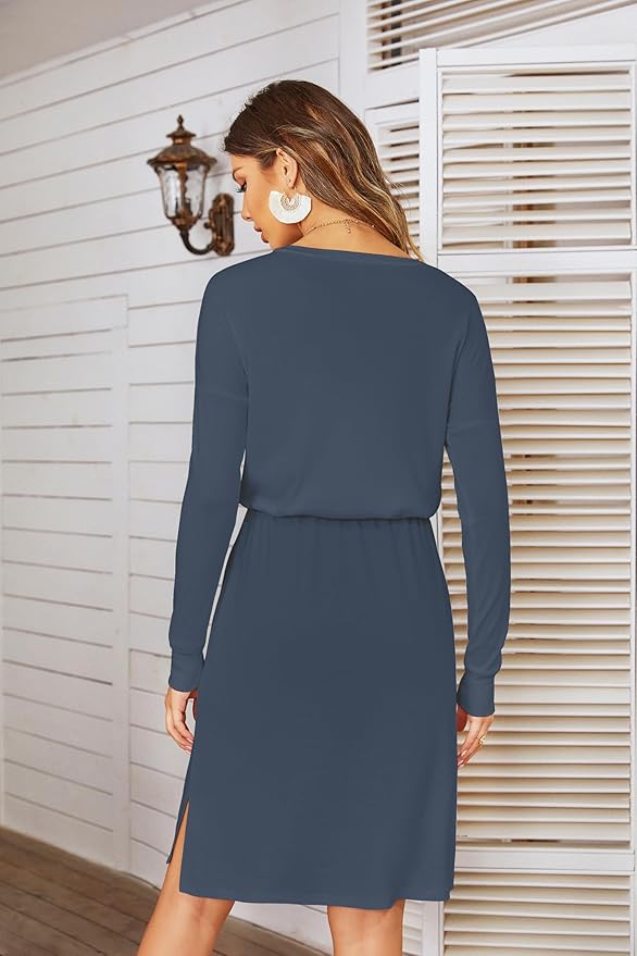 Simier Fariry Womens Spring Hide Belly Knee Length Travel Dress Pocket Summer Short Sleeve Midi Work Casual Outfits
