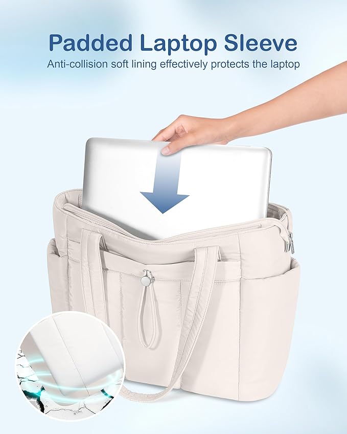 TOPDesign Puffy Tote Bag for Women with Cup Holder & Laptop Compartment & Cosmetic Bag & Trolley Sleeve for Work, Travel