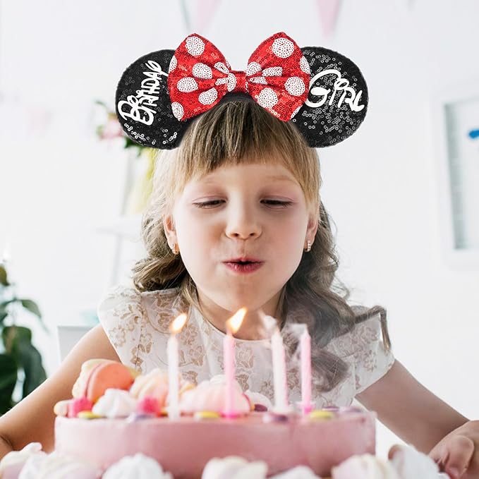 ETLUK Mouse Ears Headband, Mouse Ears Sequin Bow Headbands for Women Girls, Birthday Party Decorations (Birthday Girl)