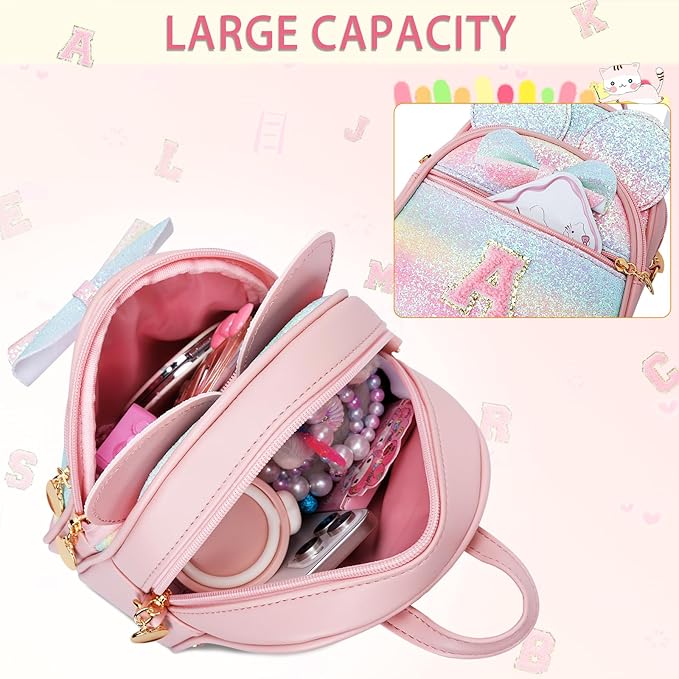KKXIU Initial Bowknot Mini Backpacks for Girls Women, Small Cute Backpack Purse, Personalized Valentines Day Gifts for Toddler, Kids and Teen Girls(P, Rainbow)
