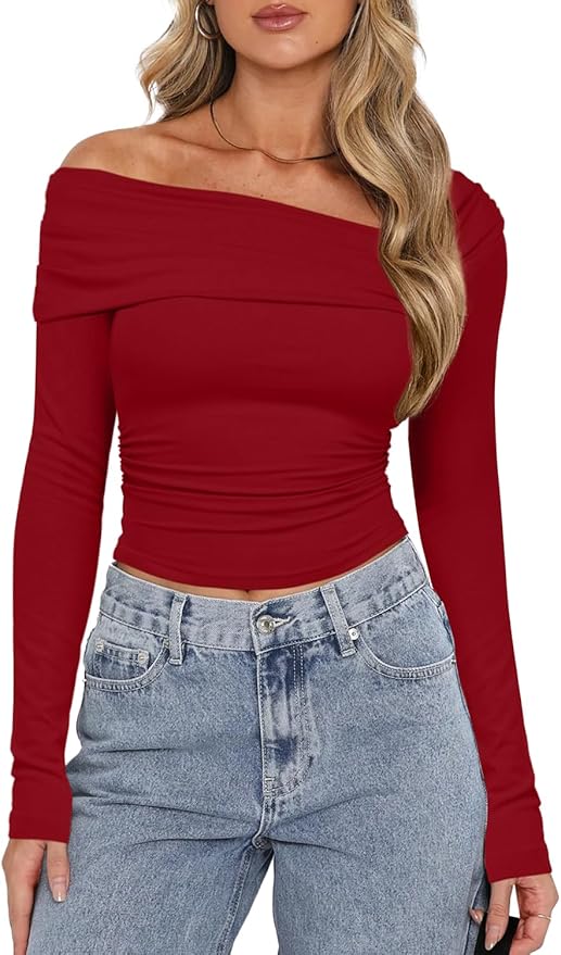 Darong Women's Off Shoulder Tops Y2K Shirt Slim Fit Ruched Crop Top Long Sleeves Spring Fall Blouse Going Out Shirt