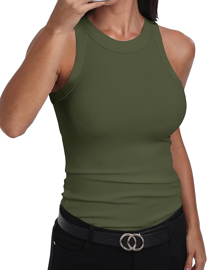 GEMBERA Womens Sleeveless Racerback High Neck Casual Basic Cotton Ribbed Fitted Tank Top