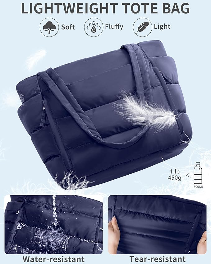 Puffer Tote Bag for Women, Lightweight Puffy Work Handbag Teacher Nurse Quilted Shoulder Bag for School Travel Gym | Quilted, with Zipper, Daily Carry On Bags, Comfy College Bags, 15.6" Laptop Sleeve, Cup Holder Pocket, Portable, Spacious