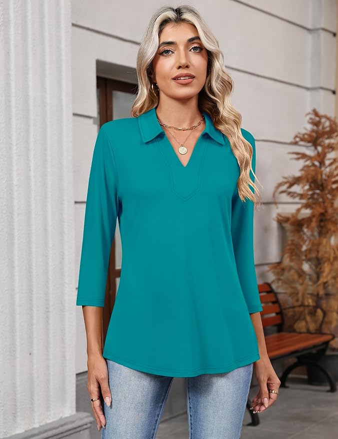 LOMON 3/4 Length Sleeve Womens Tops 2026 Spring Summer Collared Polo Shirts V Neck Casual Basic Polos Tees Shirt