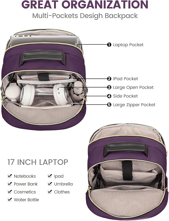 LOVEVOOK Laptop Backpack for Women, Travel Computer Work Bags with 17-inch Laptop Compartment, College School Student Bag Teen Backpacks For Girls, Outdoor Carry On Backpack Purse, Deep Plum