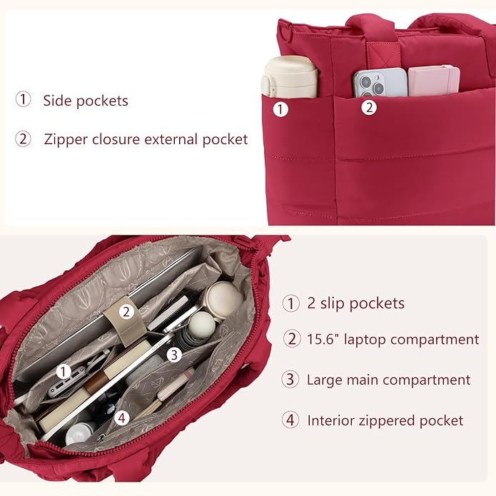 Tote Bag for Women Puffer Tote Bag Large Nurse Bags Shoulder Handbag with Zipper for Work Travel