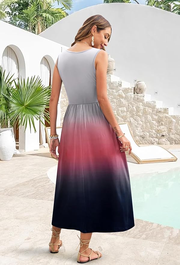 WNEEDU Women's Summer Maxi Dress 2026 Casual Sleeveless Hawaiian Sundress Tropical Long Dress Beach Vacation Outfit