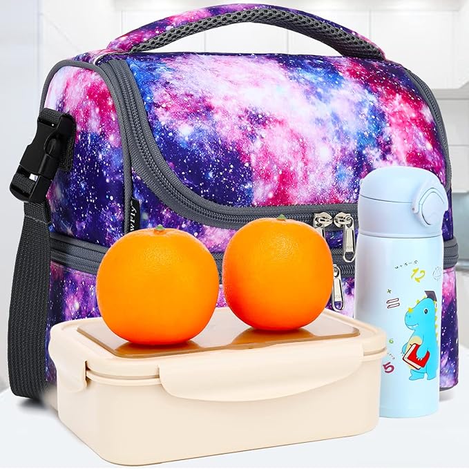 FlowFly Double Decker Cooler Insulated Lunch Bag Large Tote for Boys, Girls, Men, Women, With Adjustable Strap,Galaxy