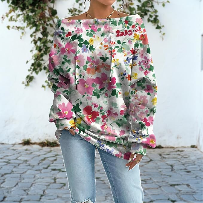 Womens Sweatshirts Floral Print Sexy Off The Shoulder T Shirts Oversized Long Sleeve Pullover Fall Tops