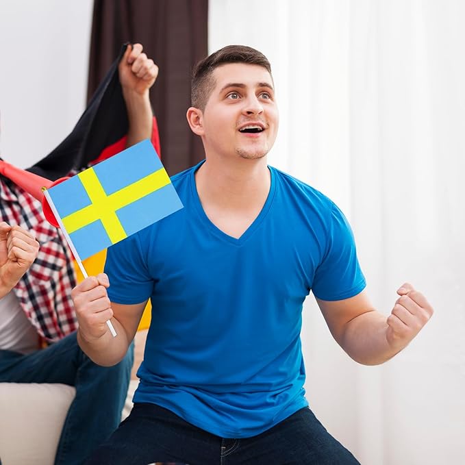 Sweden Flag Small Swedish Flag 12 Pack Mini Hand Held Swedish Flags on Sticks for Party Parades Sports Events Patriotic Holiday Decorations