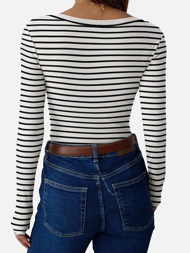 Womens 3/4 Sleeve Scoop Neck Top Ribbed Knit Slim Fitted Casual Basic Tee Shirts 2025 Fall Trendy Work T-Shirt Outfits