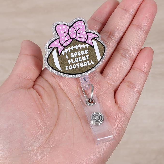 Funny Girly Football Badge Reel, Cute ID Badge Holder with Retractable Clip, Pink Bow Badge Clip for RN CNA LPN Hospital Medical Worker Doctor Teacher Nursing Student Fans Players Sports Journalists
