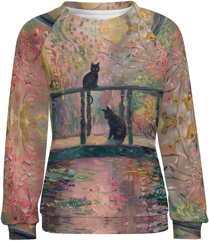 Spatofa Womens novelty funny cat printed crewneck sweatshirt casual loose long sleeve graphic pullover sweatshirts tops