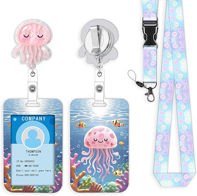 Jellyfish Badge Reel Lanyard Id Badge Holders Ocean Series Nurse Pediatric Name Pink Retractable Cute Design Retractable ClipRN LPN CNA MA NICU Medical 24”Acrylic Teacher Office Worker Accessories