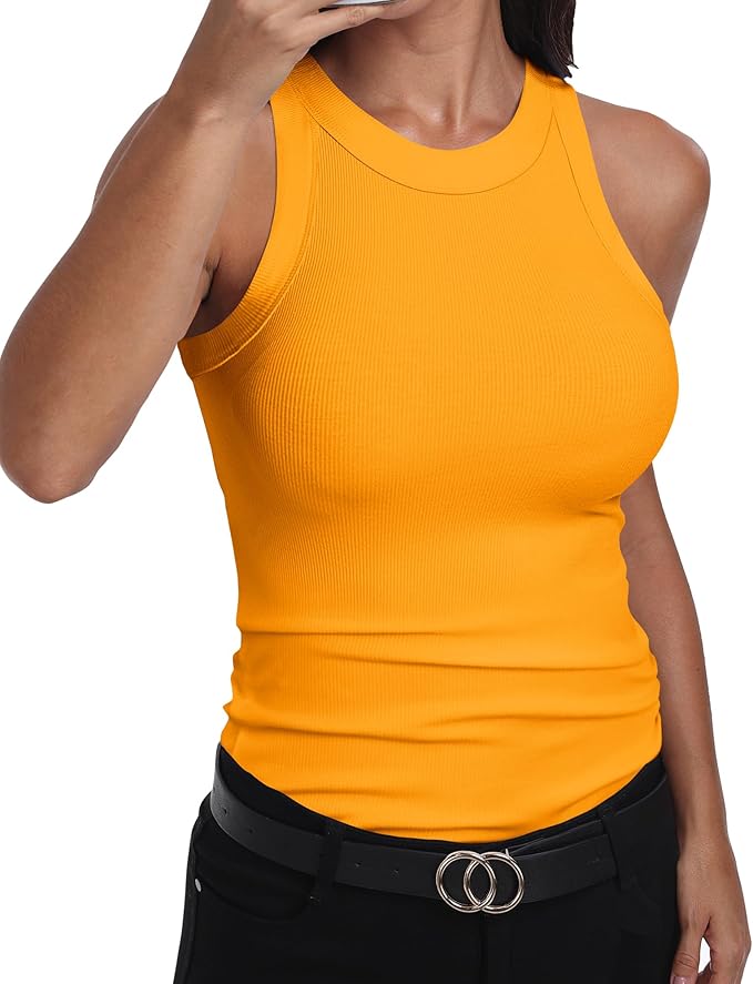 GEMBERA Womens Sleeveless Racerback High Neck Casual Basic Cotton Ribbed Fitted Tank Top