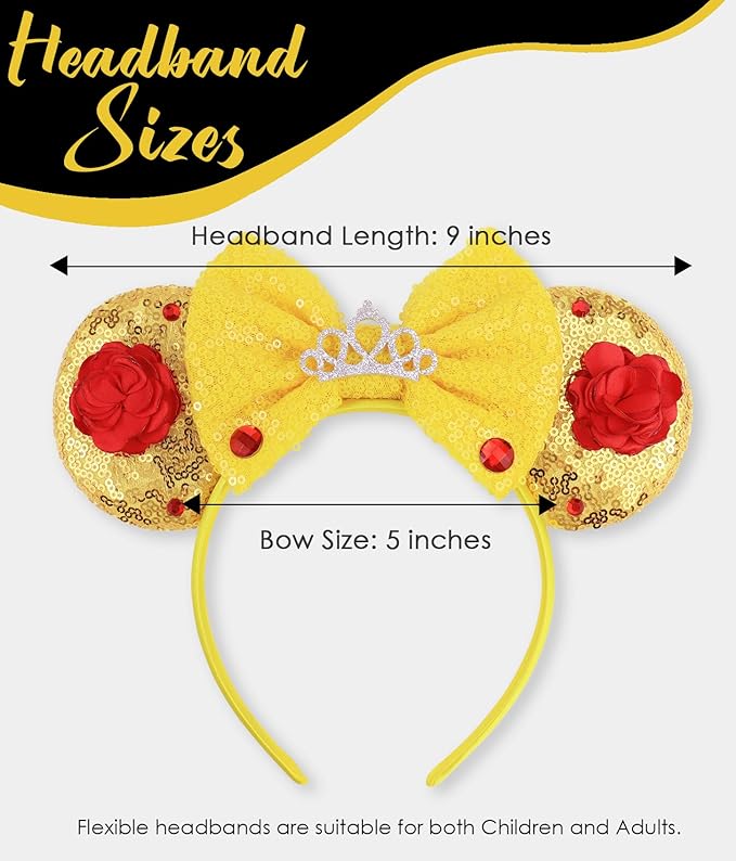 LIHELEI Mouse Ears Headband with Beauty Red Rose, Princess Belle Ears for Women Halloween Costume, Princess Party Headwear Hair Accessories for Women -3pcs Red Rose