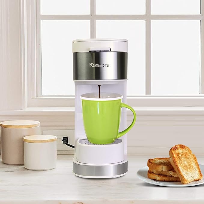 Koolatron Kenmore Single Serve Coffee Maker & Stainless Steel Travel Mug, Capsule/Pod & Ground Coffee Brewing, K Cup Compatible, Hot & Iced Coffee Machine, 6 to 14 Oz Brew Sizes, Auto Shut-Off, White