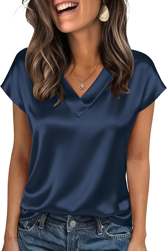 Zeagoo Women Silk Satin Tops Cap Short Sleeve Blouse V Neck Shirts Business Casual Outfits S-2XL
