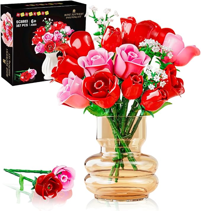 HOGOKIDS Flowers Bouquet Building Set with Lights - 16 Roses Bouquet Botanical Building Blocks Artificial Red Roses Flower for Home Decor Birthday Valentines Gifts for Adults Girl - 387PCS (Pink)